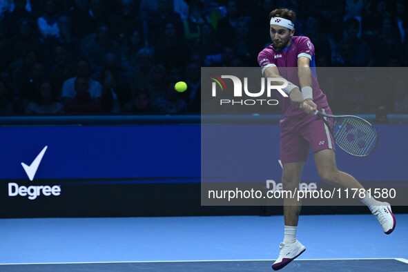 Casper Ruud (NOR) plays during the Men's Singles match against Andrey Rublev (RUS) on day six of the Nitto ATP finals 2024 at Inalpi Arena i...