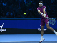 Casper Ruud (NOR) plays during the Men's Singles match against Andrey Rublev (RUS) on day six of the Nitto ATP finals 2024 at Inalpi Arena i...