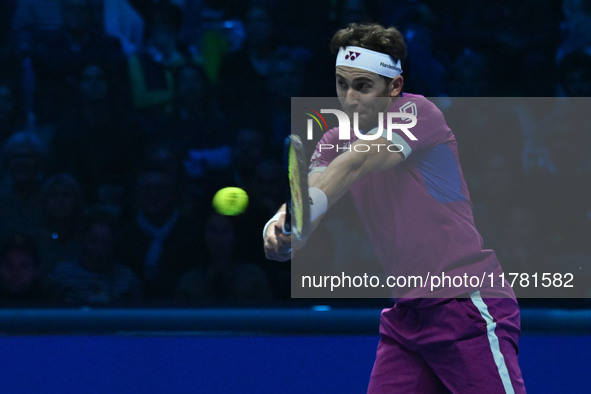 Casper Ruud (NOR) plays during the Men's Singles match against Andrey Rublev (RUS) on day six of the Nitto ATP finals 2024 at Inalpi Arena i...