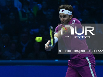 Casper Ruud (NOR) plays during the Men's Singles match against Andrey Rublev (RUS) on day six of the Nitto ATP finals 2024 at Inalpi Arena i...