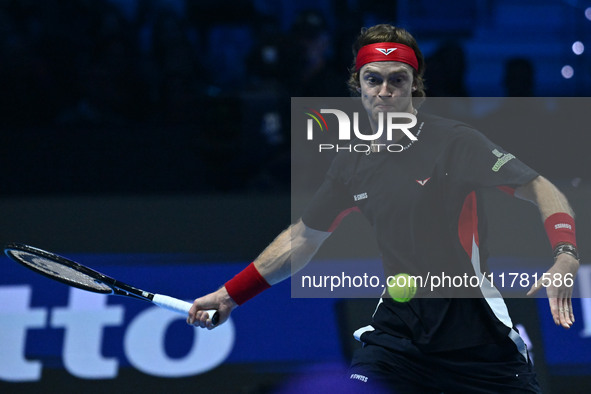 Andrey Rublev (RUS) plays during the Men's Singles match against Casper Ruud (NOR) on day six of the Nitto ATP finals 2024 at Inalpi Arena i...