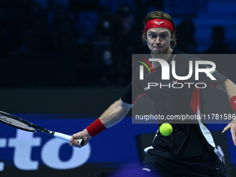 Andrey Rublev (RUS) plays during the Men's Singles match against Casper Ruud (NOR) on day six of the Nitto ATP finals 2024 at Inalpi Arena i...