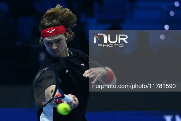 Andrey Rublev (RUS) plays during the Men's Singles match against Casper Ruud (NOR) on day six of the Nitto ATP finals 2024 at Inalpi Arena i...