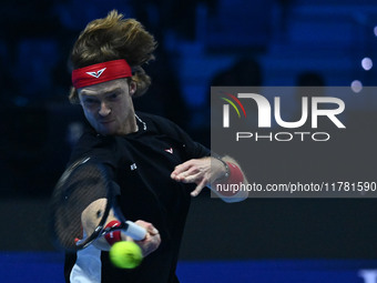 Andrey Rublev (RUS) plays during the Men's Singles match against Casper Ruud (NOR) on day six of the Nitto ATP finals 2024 at Inalpi Arena i...