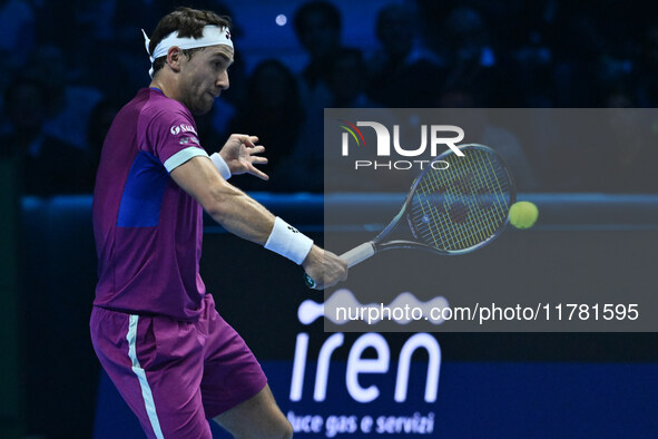 Casper Ruud (NOR) plays during the Men's Singles match against Andrey Rublev (RUS) on day six of the Nitto ATP finals 2024 at Inalpi Arena i...