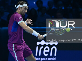 Casper Ruud (NOR) plays during the Men's Singles match against Andrey Rublev (RUS) on day six of the Nitto ATP finals 2024 at Inalpi Arena i...