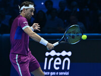 Casper Ruud (NOR) plays during the Men's Singles match against Andrey Rublev (RUS) on day six of the Nitto ATP finals 2024 at Inalpi Arena i...