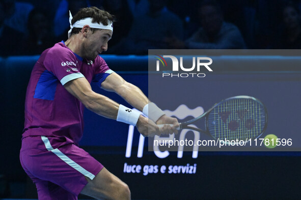 Casper Ruud (NOR) plays during the Men's Singles match against Andrey Rublev (RUS) on day six of the Nitto ATP finals 2024 at Inalpi Arena i...