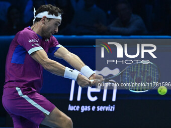 Casper Ruud (NOR) plays during the Men's Singles match against Andrey Rublev (RUS) on day six of the Nitto ATP finals 2024 at Inalpi Arena i...