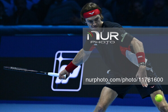 Andrey Rublev (RUS) plays during the Men's Singles match against Casper Ruud (NOR) on day six of the Nitto ATP finals 2024 at Inalpi Arena i...