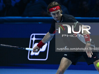 Andrey Rublev (RUS) plays during the Men's Singles match against Casper Ruud (NOR) on day six of the Nitto ATP finals 2024 at Inalpi Arena i...