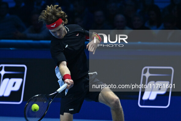 Andrey Rublev (RUS) plays during the Men's Singles match against Casper Ruud (NOR) on day six of the Nitto ATP finals 2024 at Inalpi Arena i...