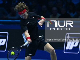 Andrey Rublev (RUS) plays during the Men's Singles match against Casper Ruud (NOR) on day six of the Nitto ATP finals 2024 at Inalpi Arena i...