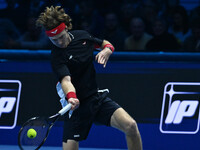 Andrey Rublev (RUS) plays during the Men's Singles match against Casper Ruud (NOR) on day six of the Nitto ATP finals 2024 at Inalpi Arena i...