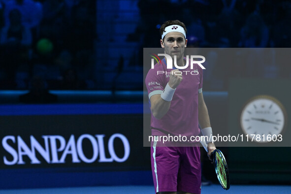 Casper Ruud (NOR) plays during the Men's Singles match against Andrey Rublev (RUS) on day six of the Nitto ATP finals 2024 at Inalpi Arena i...