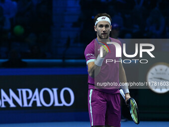 Casper Ruud (NOR) plays during the Men's Singles match against Andrey Rublev (RUS) on day six of the Nitto ATP finals 2024 at Inalpi Arena i...