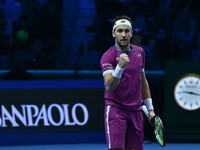 Casper Ruud (NOR) plays during the Men's Singles match against Andrey Rublev (RUS) on day six of the Nitto ATP finals 2024 at Inalpi Arena i...