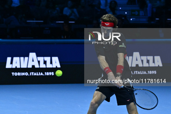 Andrey Rublev (RUS) plays during the Men's Singles match against Casper Ruud (NOR) on day six of the Nitto ATP finals 2024 at Inalpi Arena i...