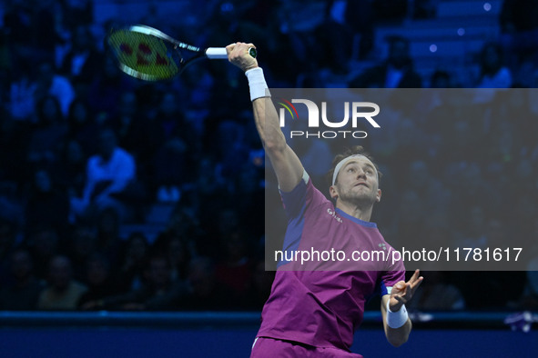 Casper Ruud (NOR) plays during the Men's Singles match against Andrey Rublev (RUS) on day six of the Nitto ATP finals 2024 at Inalpi Arena i...