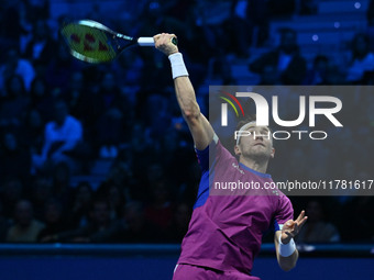 Casper Ruud (NOR) plays during the Men's Singles match against Andrey Rublev (RUS) on day six of the Nitto ATP finals 2024 at Inalpi Arena i...