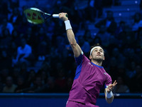 Casper Ruud (NOR) plays during the Men's Singles match against Andrey Rublev (RUS) on day six of the Nitto ATP finals 2024 at Inalpi Arena i...