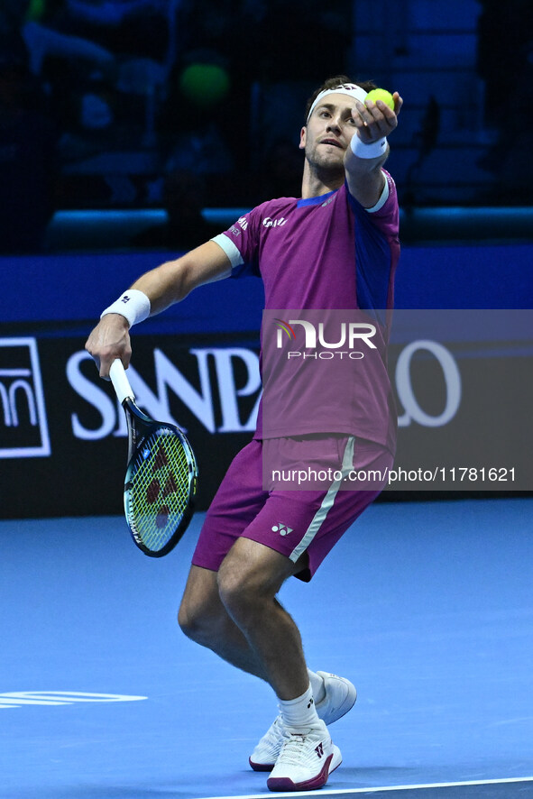 Casper Ruud (NOR) plays during the Men's Singles match against Andrey Rublev (RUS) on day six of the Nitto ATP finals 2024 at Inalpi Arena i...