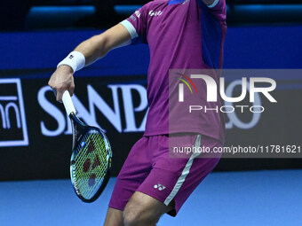 Casper Ruud (NOR) plays during the Men's Singles match against Andrey Rublev (RUS) on day six of the Nitto ATP finals 2024 at Inalpi Arena i...