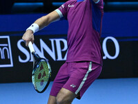 Casper Ruud (NOR) plays during the Men's Singles match against Andrey Rublev (RUS) on day six of the Nitto ATP finals 2024 at Inalpi Arena i...