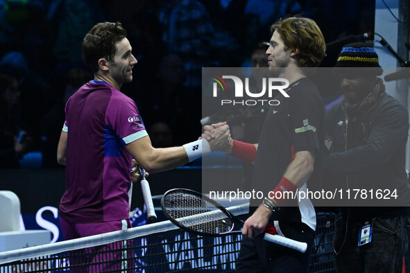 Casper Ruud (NOR) and Andrey Rublev (RUS) play during the Men's Singles match on day six of the Nitto ATP Finals 2024 at Inalpi Arena in Tur...