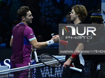 Casper Ruud (NOR) and Andrey Rublev (RUS) play during the Men's Singles match on day six of the Nitto ATP Finals 2024 at Inalpi Arena in Tur...