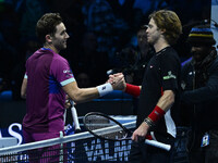 Casper Ruud (NOR) and Andrey Rublev (RUS) play during the Men's Singles match on day six of the Nitto ATP Finals 2024 at Inalpi Arena in Tur...