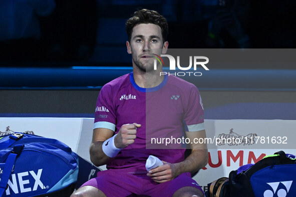 Casper Ruud (NOR) celebrates the victory against Andrey Rublev (RUS) during day six of the Nitto ATP Finals 2024 at Inalpi Arena in Turin, I...