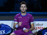 Casper Ruud (NOR) celebrates the victory against Andrey Rublev (RUS) during day six of the Nitto ATP Finals 2024 at Inalpi Arena in Turin, I...