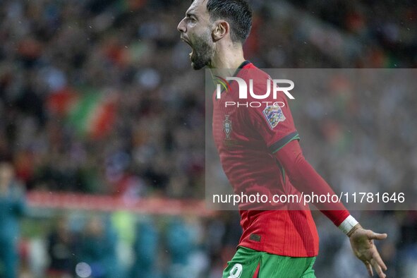 Bruno Fernandes of Portugal celebrates scoring his team's goal during the UEFA Nations League 2024/25 League A Group A1 match between Portug...