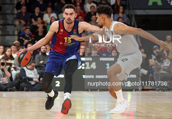 Tomas Satoransky and Maodo Lo play during the match between FC Barcelona and Paris Basketball, corresponding to week 10 of the Turkish Airli...