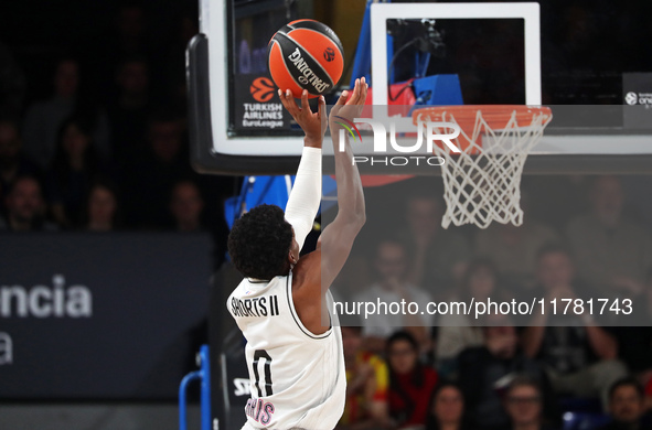 T. J. Shorts plays during the match between FC Barcelona and Paris Basketball, corresponding to week 10 of the Turkish Airlines Euroleague,...