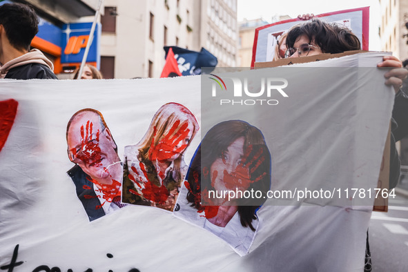 Demonstrators participate in the No Meloni Day student protest in Milan, Italy, on November 15, 2024 