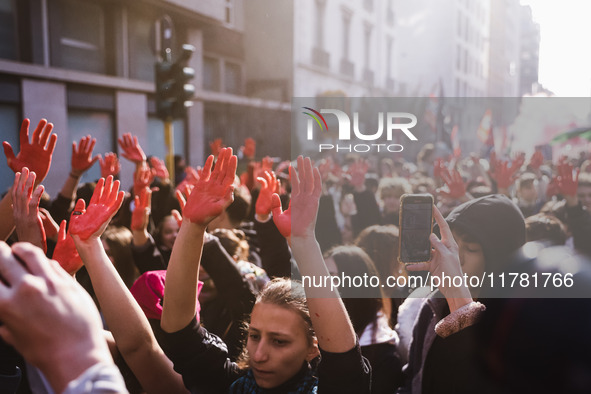 Demonstrators participate in the No Meloni Day student protest in Milan, Italy, on November 15, 2024 