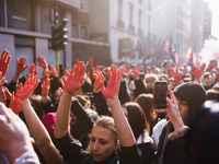 Demonstrators participate in the No Meloni Day student protest in Milan, Italy, on November 15, 2024 (