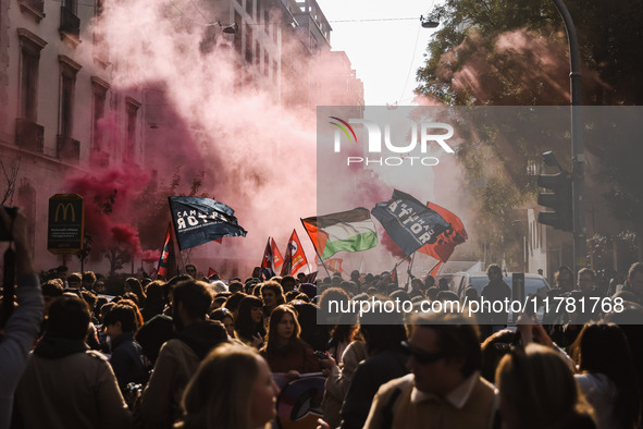 Demonstrators participate in the No Meloni Day student protest in Milan, Italy, on November 15, 2024 