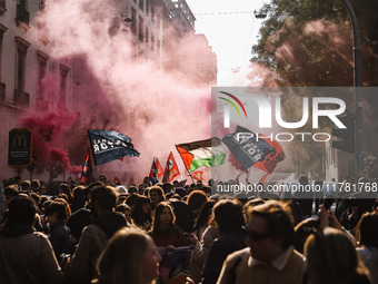 Demonstrators participate in the No Meloni Day student protest in Milan, Italy, on November 15, 2024 (