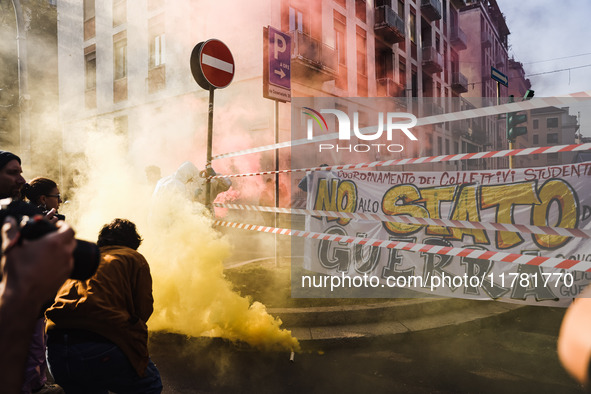 Demonstrators participate in the No Meloni Day student protest in Milan, Italy, on November 15, 2024 