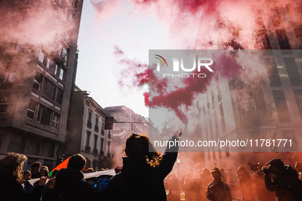 Demonstrators participate in the No Meloni Day student protest in Milan, Italy, on November 15, 2024 