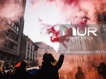 Demonstrators participate in the No Meloni Day student protest in Milan, Italy, on November 15, 2024 (