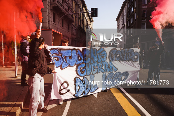 Demonstrators participate in the No Meloni Day student protest in Milan, Italy, on November 15, 2024 