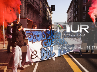 Demonstrators participate in the No Meloni Day student protest in Milan, Italy, on November 15, 2024 (