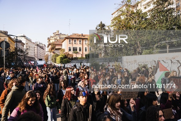 Demonstrators participate in the No Meloni Day student protest in Milan, Italy, on November 15, 2024 