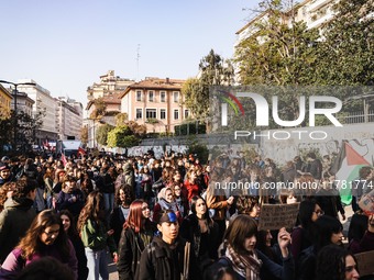 Demonstrators participate in the No Meloni Day student protest in Milan, Italy, on November 15, 2024 (