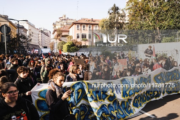 Demonstrators participate in the No Meloni Day student protest in Milan, Italy, on November 15, 2024 