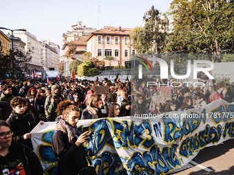 Demonstrators participate in the No Meloni Day student protest in Milan, Italy, on November 15, 2024 (